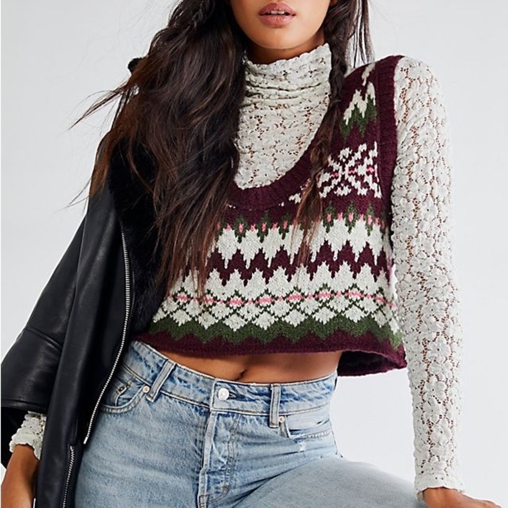 Free People Lovestruck Cropped Fair Isle Sweater Vest Size x-Small - Picture 3 of 10